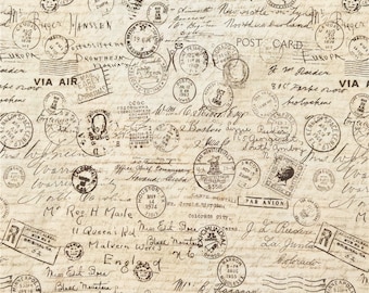 May include: A vintage background with a distressed, aged paper texture. The background is covered in faded ink markings, handwritten notes, and numerous postage stamps. The stamps are in various shapes and sizes, with some featuring text and others with images. The background is a light beige color.