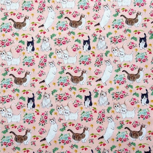 Tela de algodón vintage con diseño de gato y flores de acuarela rosa, 43 pulgadas x 1/2 yarda