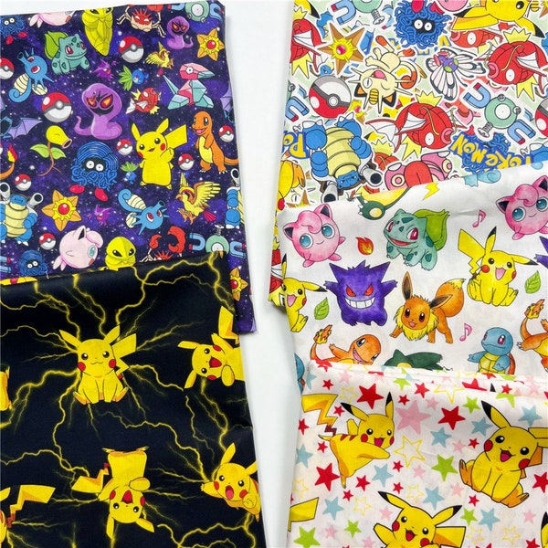 Tissu en coton Pokemon Cartoon imprimé monstre de poche, tissu d'animation uni à couture 57 pouces x 1/2 yard 100 % coton