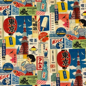 May include: A fabric print featuring a collage of vintage Japanese imagery including the Tokyo Tower, red paper lanterns with Japanese text, illustrations of Popeye, a person drinking from a bottle, koi fish, and various food items like pudding.