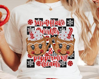 SNOWFLAKE WISHES & PEPPERMINT Dreams png, glitter Christmas png, faux embroidery Christmas png, retro Christmas digital for sublimation dtf