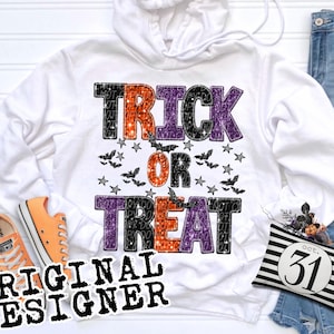GLITTER TRICK or TREAT png, Glitter spooky season png faux embroidery, faux sequins, faux glitter png, Bling Halloween png Glitter Halloween