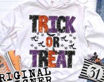 GLITTER TRICK or TREAT png, Glitter spooky season png faux embroidery, faux sequins, faux glitter png, Bling Halloween png Glitter Halloween