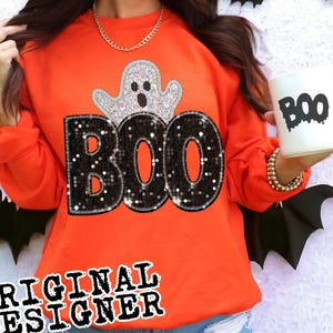 GLITTER BOO GHOST cute spooky season png faux embroidery, faux sequins, faux glitter png, retro halloween png cute halloween png