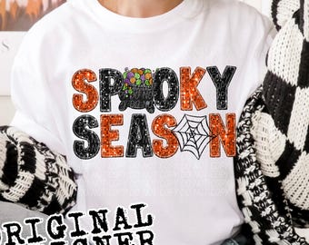 GLITTER SPOOKY SEASON digital for sublimation and dtf png, faux embroidery faux sequins faux glitter halloween png, glitter Halloween png