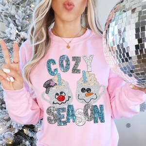 GLITTER COZY SEASON png, glitter Winter png, snowman Christmas cups png, Snowman faux glitter png, hot cocoa png, Christmas png