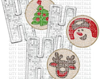 GLITTER HO HO Ho png, glitter Christmas cookies png, reindeer cookie png, snowman cookie, faux sequins png, pretty Christmas glitter png