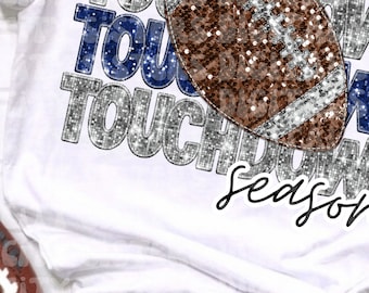 FOOTBALL TOUCHDOWN SEASON glitter Silver and Blue, cute football png faux glitter football faux embroidery faux sequins png digital file