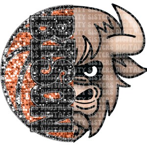 May include: A black and orange glitter design with the word "Bison" in black letters. The design is half a basketball and half a bison head.