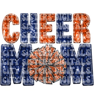 CHEER MOM faux GLITTER png, Cheerleading faux glitter png, blue and orange faux glitter cheer mom png, Cheerleading faux embroidery png,