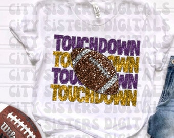PURPLE/GOLD TOUCHDOWN, purple and gold faux embroidery sequins png digital file for sublimation, direct to film