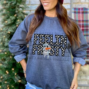 GLITTER FEELIN FROSTY png, glitter Christmas png, faux embroidery, faux sequins png, Snowman christmas faux glitter png, hot cocoa png, cute winter png, glitter winter png, winter snowman png, snowman glitter png, feelin frosty png, retro Christmas