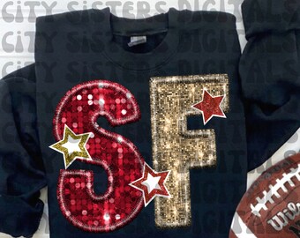 SAN FRANCISCO SEQUINS red and gold faux glitter sequins embroidery shimmer png digital file for sublimation, dtf