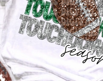 Touchdown Season Football: Green & Silver Glitter PNG (Digital File)