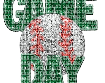 May include: Green glitter text that reads "Game Day" with a silver glitter baseball in the center.