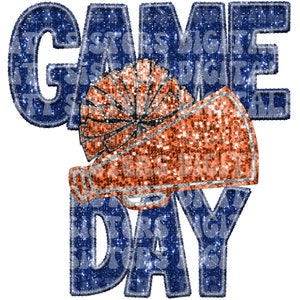 CHEER GAME DAY, blue and orange cheer, glitter game day png, embroidery, faux sequins, faux gllitter png, cheerleader png