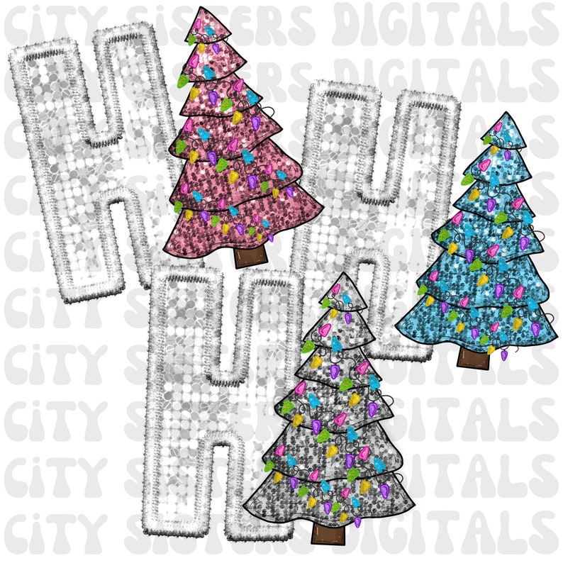 May include: Digital graphic featuring the letters "HO" in a textured, gray design, with three Christmas trees. The trees are pink, blue, and gray, each adorned with colorful string lights and brown trunks. The text "CITY SISTERS DIGITALS" is in the background.