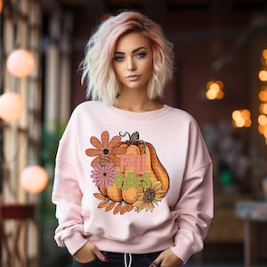 BOHO FALL VIBES faux embroidery pumpkin png, Fall png, Pretty Fall png, Pretty Fall png, Pumpkins Leaves, Fall flowers png, retro fall png