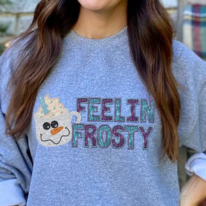 GLITTER FEELIN FROSTY png, glitter Christmas png, faux embroidery, faux sequins png, Snowman christmas faux glitter png, hot cocoa png, blue Christmas png, cute winter png, glitter winter png, winter snowman png, snowman glitter png feelin frosty png