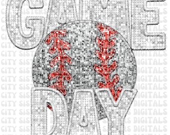 May include: A silver glitter baseball with red stitching and the words "GAME DAY" in silver glitter letters.
