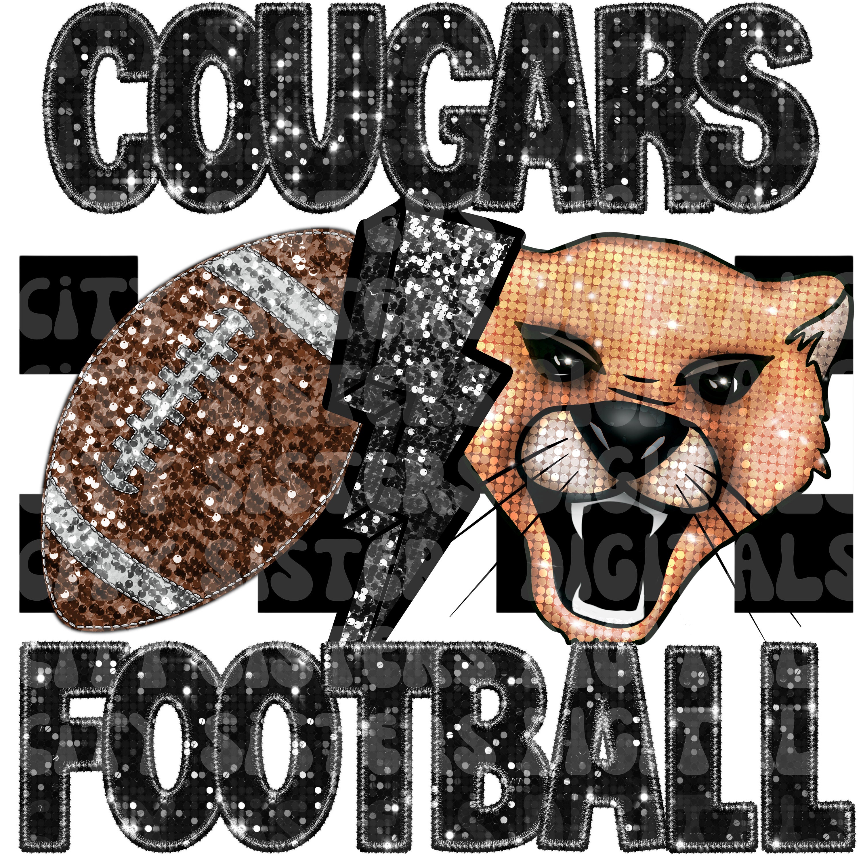 GLITTER COUGARS Football png, faux embroidery, faux glitter mascot png, Football Game Day png, Cougars football png, Cougars png