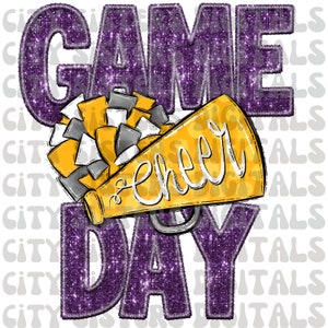 CHEER GAME DAY, cheer purple and yellow, faux embroidery, faux sequins, faux glitter png