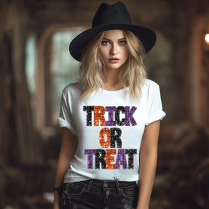 GLITTER TRICK or TREAT png, Glitter spooky season png faux embroidery, faux sequins, faux glitter png, Bling Halloween png Glitter Halloween