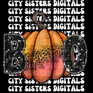 GLITTER BOO LEOPARD Orange Pumpkin png, faux embroidery, faux sequins, faux glitter png, minimalist Halloween png, Glitter Halloween png
