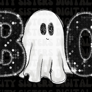 GLITTER BOO CUTE Ghost png, cute Halloween png faux embroidery, faux sequins, faux glitter png, minimalist Halloween png, Glitter Halloween