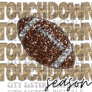 FOOTBALL TOUCHDOWN SEASON, old gold faux embroidery  faux sequins png digital file for sublimation, dtf, glittery faux embroidery shimmer
