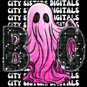 Op de afbeelding: Een grafische illustratie met een roze geest geplaatst tussen de zwarte letters B en O. De letters hebben een getextureerd, pailletachtig uiterlijk. De achtergrond toont de herhalende witte tekst City Sisters Digitals.