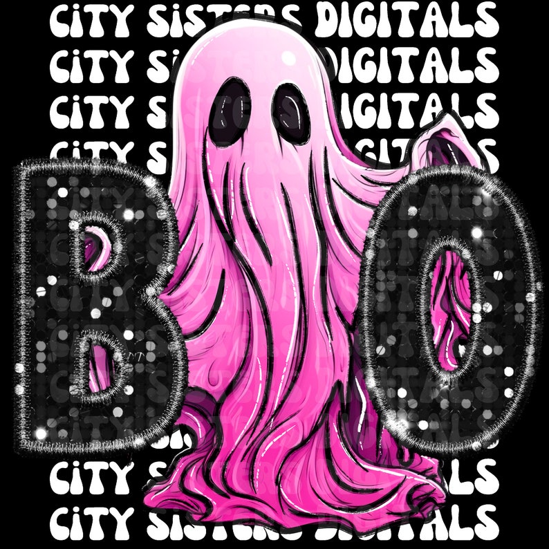 Op de afbeelding: Een grafische illustratie met een roze geest geplaatst tussen de zwarte letters B en O. De letters hebben een getextureerd, pailletachtig uiterlijk. De achtergrond toont de herhalende witte tekst City Sisters Digitals.