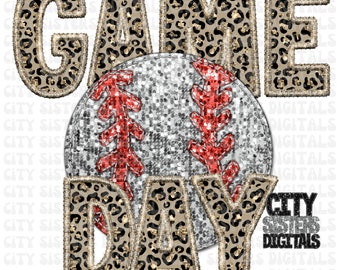 May include: A baseball graphic with a leopard print design. The words "GAME DAY" are in a leopard print design with a gold outline. The graphic is perfect for a baseball fan.