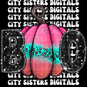 GLITTER BOO PINK Leopard Pumpkin png, faux embroidery, faux sequins, faux glitter png, minimalist Halloween png, Glitter Halloween png