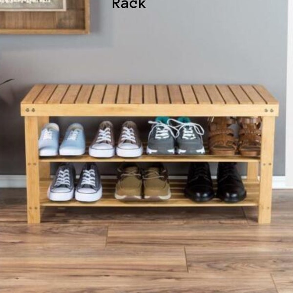 3 Tier Shoe Rack Seating Bench - Shoe Shelves - Storage Organizer Holder Stand Bamboo