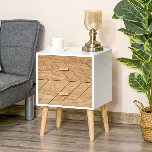 Wooden Bedside Table with 2 Drawers - Side Cabinet Storage Organizer - Nightstand