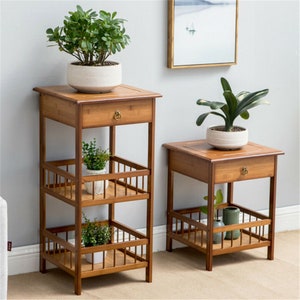 Bedside Table Wood - Plant Stand - Wooden Side Table - Book Shelf - Storage Organizer