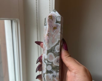 Pink 8th vein Jasper Tower with Freckles and Druzy Pockets | Destash