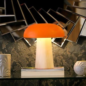 Orange Handmade Linden Wood Mushroom Lamp, Desk Night Light