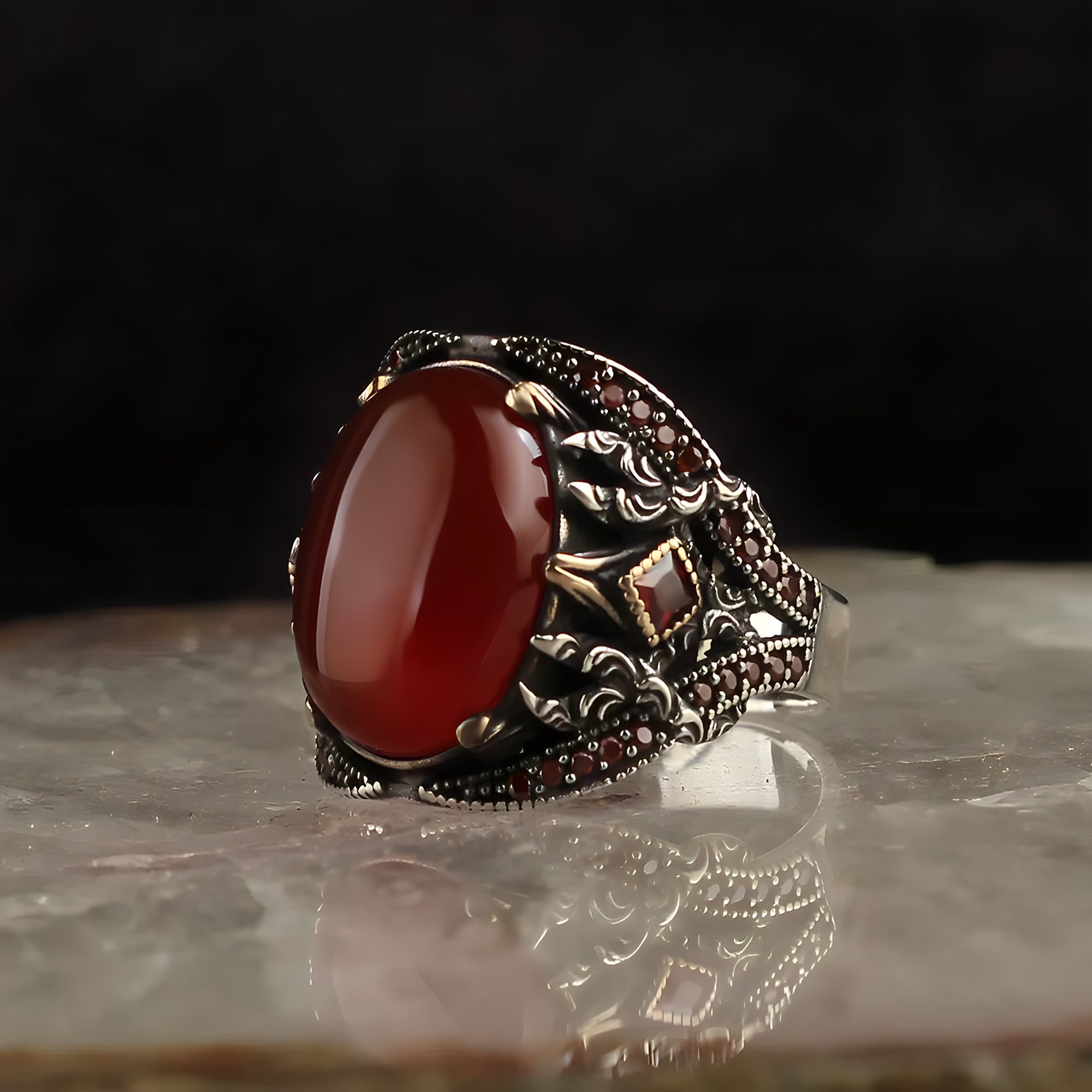 Men's Red Aqeeq Gemstone Ring Vintage Agate Stone Ottoman - Etsy