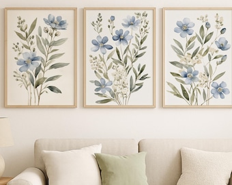 Blue Wildflower Watercolor Print Set, Botanical Wall Art (Digital Download)