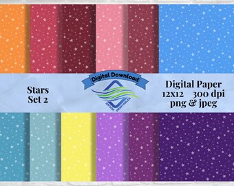 Stars Digital Paper Set 2 in JPG and PNG formats, Vibrant Colors, Scrapbooking Paper, 12x12 Size, Confetti Pattern, Rainbow Colors