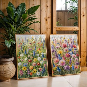 Wildflower Meadow Digital Art Prints Set of 2, Vibrant Watercolor Floral Wall Art, Spring Antique Farmhouse Decor