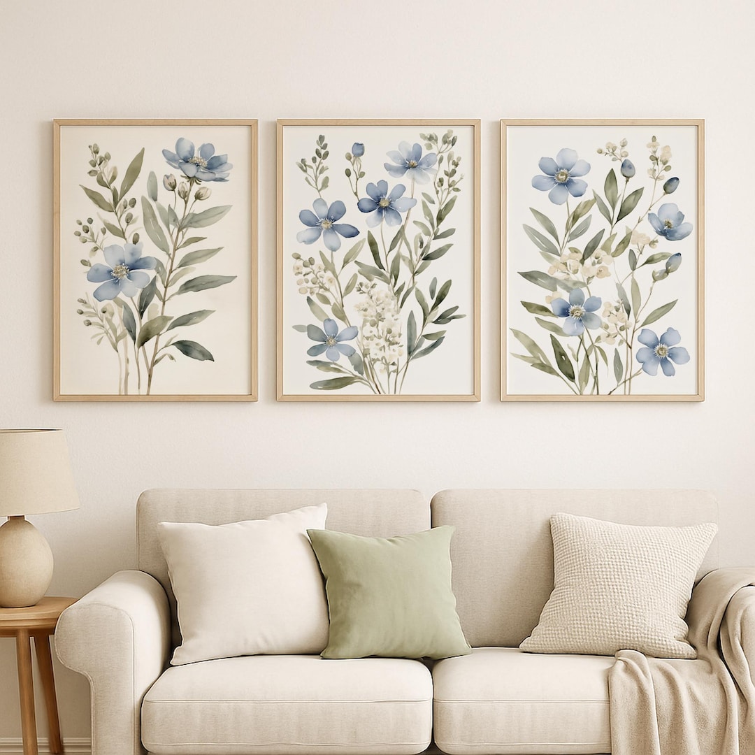 Blue Wildflower Watercolor Print Set, Botanical Wall Art (digital ...