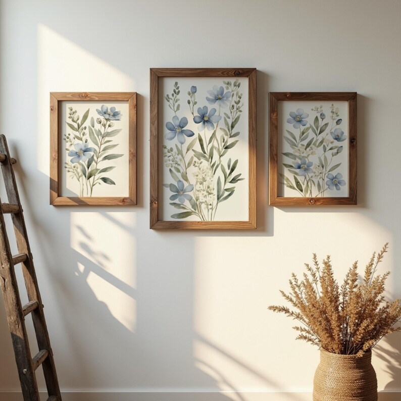Blue Wildflower Watercolor Print Set, Botanical Wall Art (digital ...