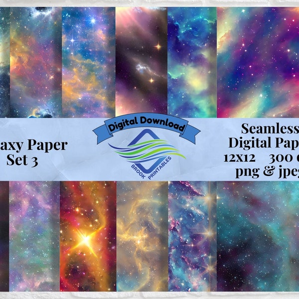 Seamless Galaxy Digital Paper Set 3, Starry Night, Outer Space Cosmic Background Paper, Scrapbooking