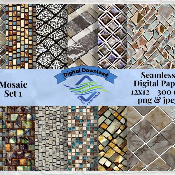 Seamless Mosaic Digital Paper,  Mosaic Tile Designs, Scrapbooking Paper, 12x12 Size