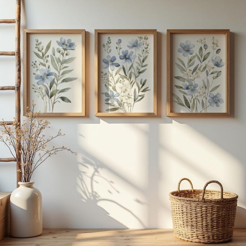 Blue Wildflower Watercolor Print Set, Botanical Wall Art (digital ...