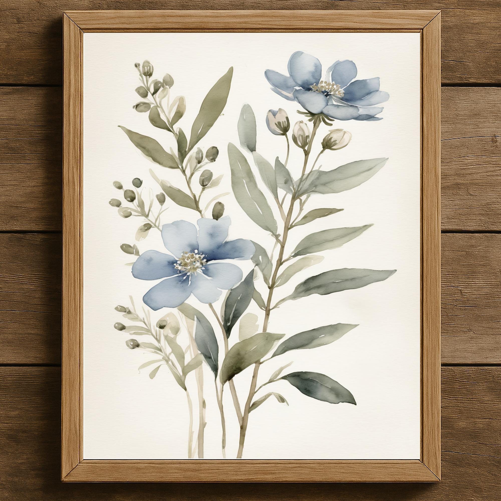 Blue Wildflower Watercolor Print Set, Botanical Wall Art (digital ...