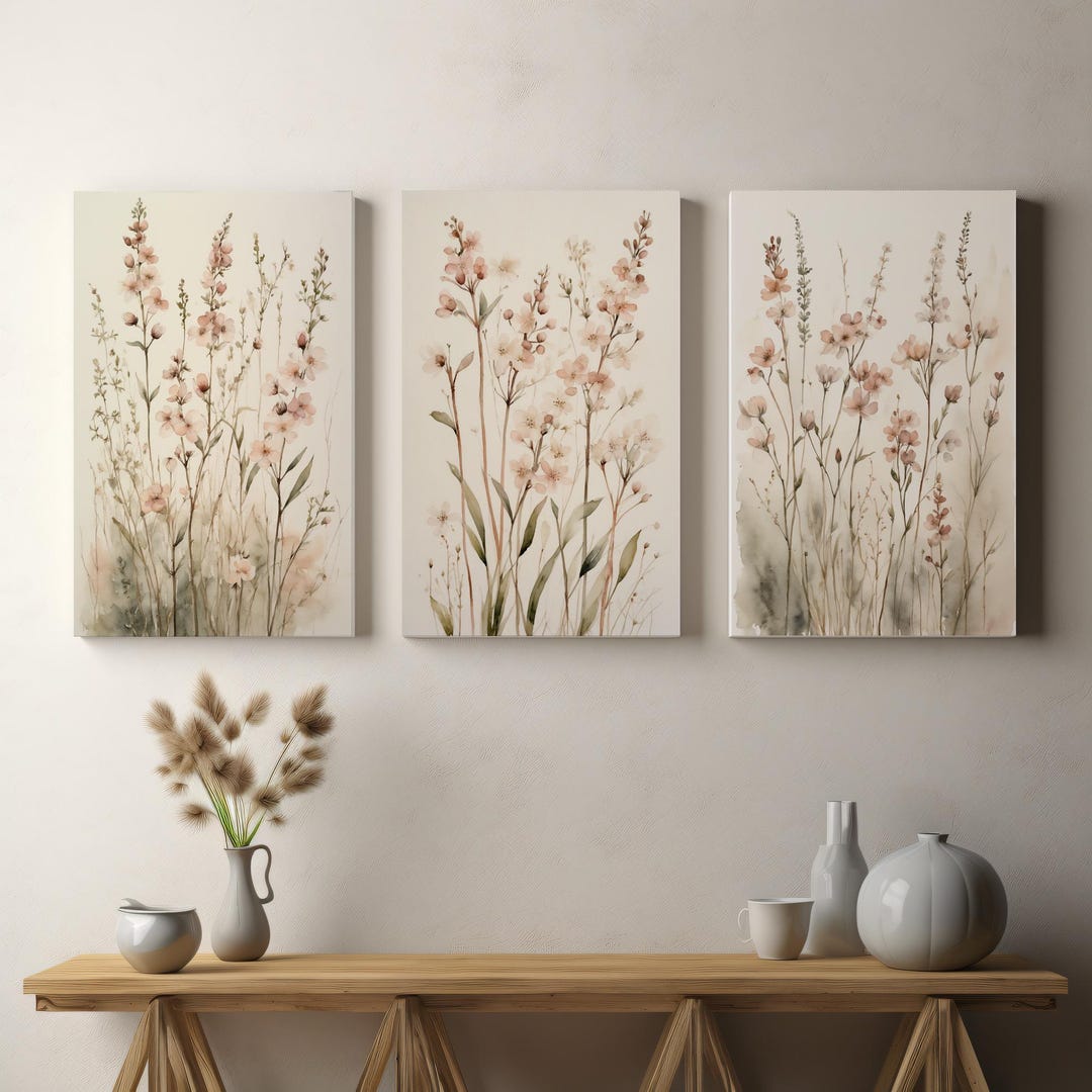 Blush Wildflower Watercolor Prints Set, Botanical Wall Art (digital ...